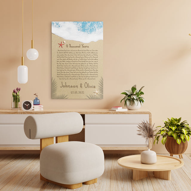 Custom Song Lyrics in The Sand Beach Canvas Wall Art, Custom Name and Date