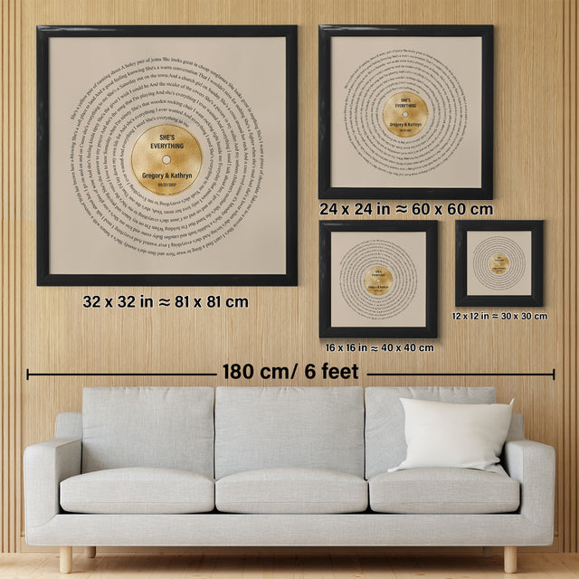 Golden Vinyl Record Lyrics Framed Art Print, Personalized Music Art