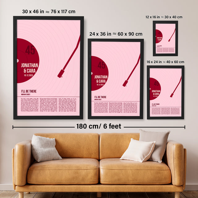 Song Lyrics Framed Print, Minimalist Tickled Pink Vinyl Record Wall Art