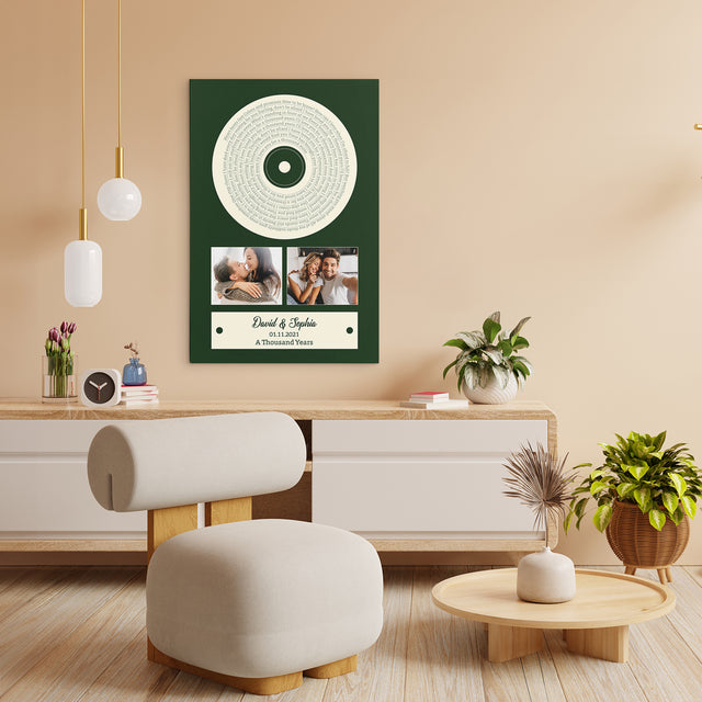Green Vinyl Record Canvas, Custom Song Lyrics, Upload Photo, 2 Photos