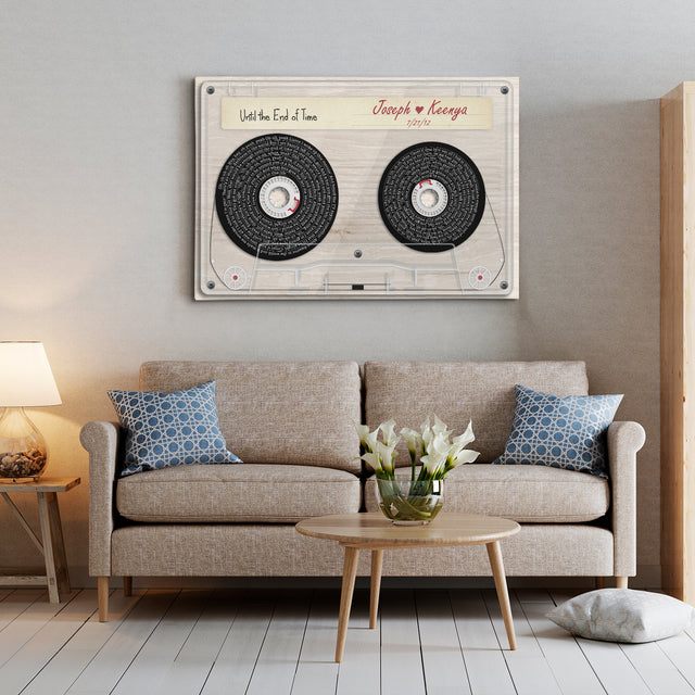 Custom Song Lyrics, Customizable Text Cassette Tape Light Wood Background Canvas