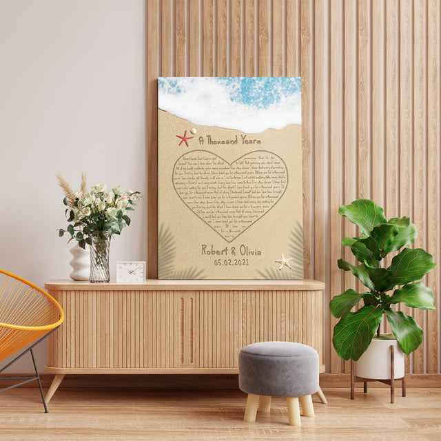 Custom Song Lyrics in The Sand Beach, Heart Shape, Canvas Wall Art, Customizable Name and Date