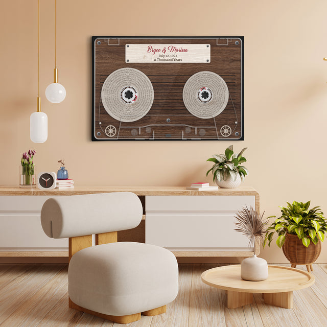 Cassette Tape Custom Song Lyrics, Customizable Text Wood Background Canvas
