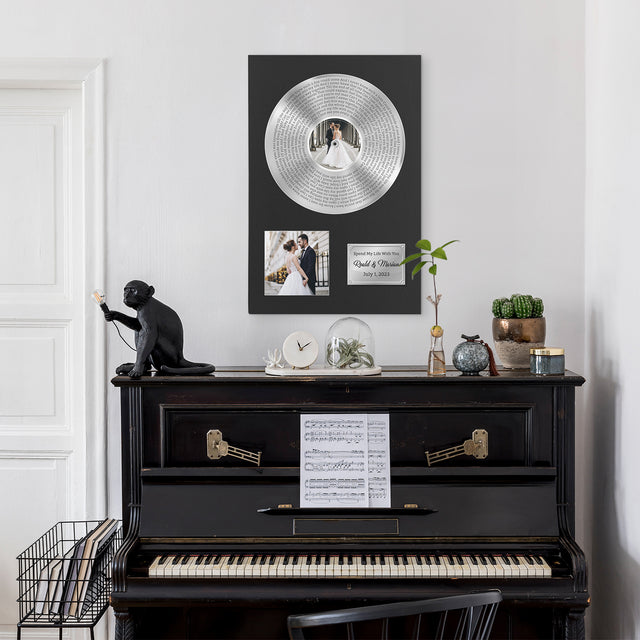 Custom Song Lyrics, Upload Photo, 2 Pictures, Customizable Text Vinyl Record Canvas, Gold Style