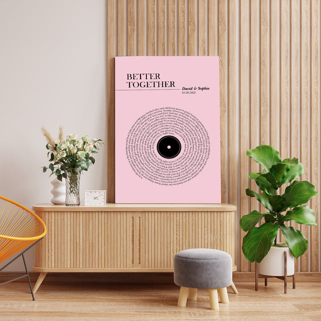 Pink Vinyl Record Canvas Print, Personalized Song Lyrics Canvas Wall Art