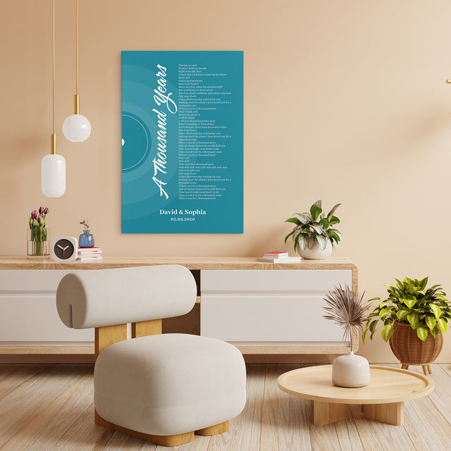 Blue Vinyl Record Canvas Print, Personalized Song Lyrics Canvas Wall Art