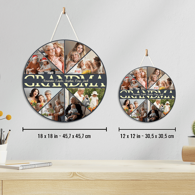 Grandma Custom Upload Photo, Customizable Name, Gift For Mother's Day, Round Wood Sign