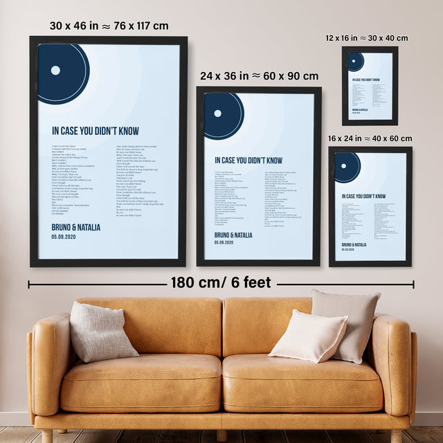 Minimalist Ice Blue Vinyl Record, Custom Song Lyrics Framed Art Print