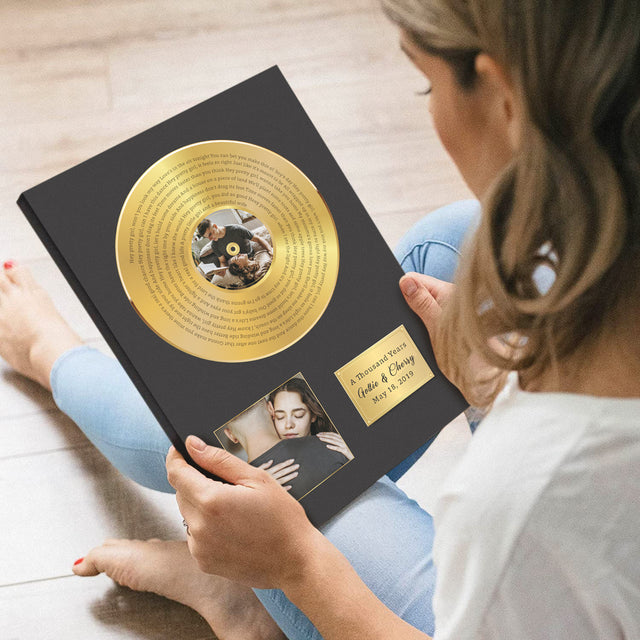 Custom Song Lyrics, Upload Photo, 2 Pictures, Customizable Text Vinyl Record Canvas, Gold Style