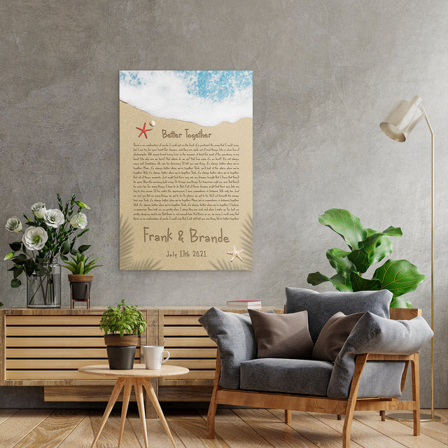 Custom Song Lyrics in The Sand Beach Canvas Wall Art, Custom Name and Date