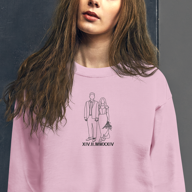 Personalized Embroidered Sweatshirt for Couples, Custom Couple Portrait Line Art