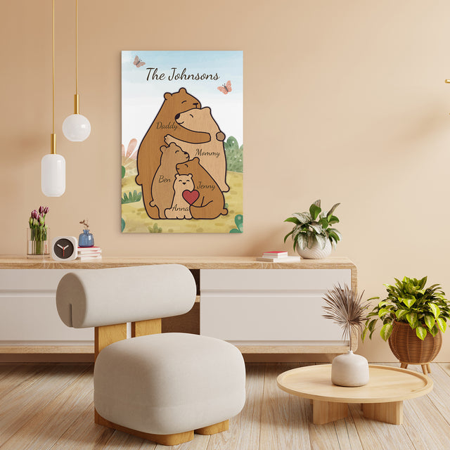 Bear Family Watercolor Canvas, Custom Family Name