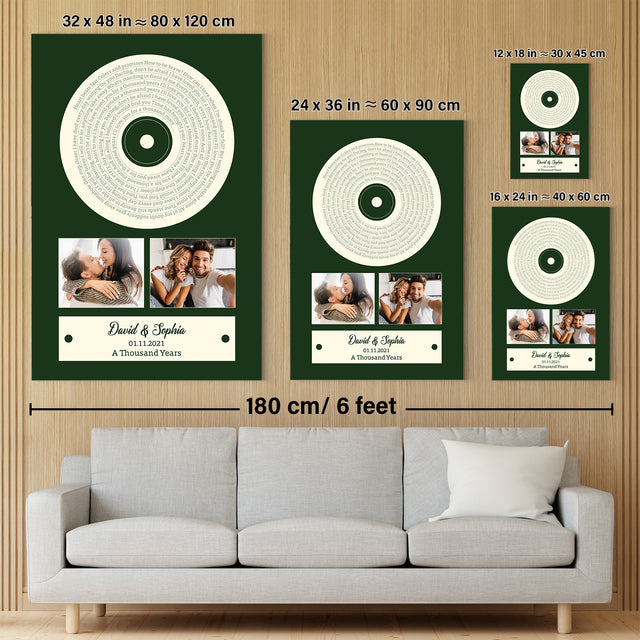 Green Vinyl Record Canvas, Custom Song Lyrics, Upload Photo, 2 Photos