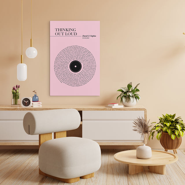 Pink Vinyl Record Canvas Print, Personalized Song Lyrics Canvas Wall Art