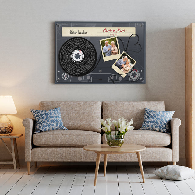 Custom Song Lyrics, Upload Photo And Customizable Text Cassette Tape Dark Blue Canvas Wall Art