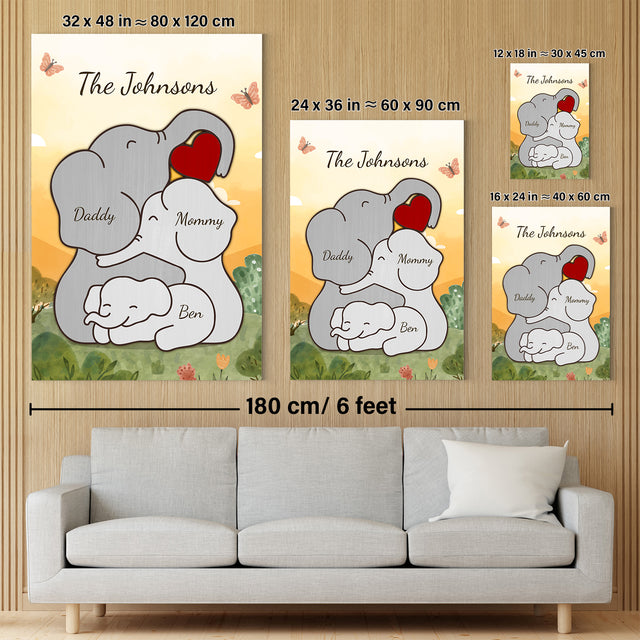 Elephant Family Watercolor Canvas, Custom Family Name