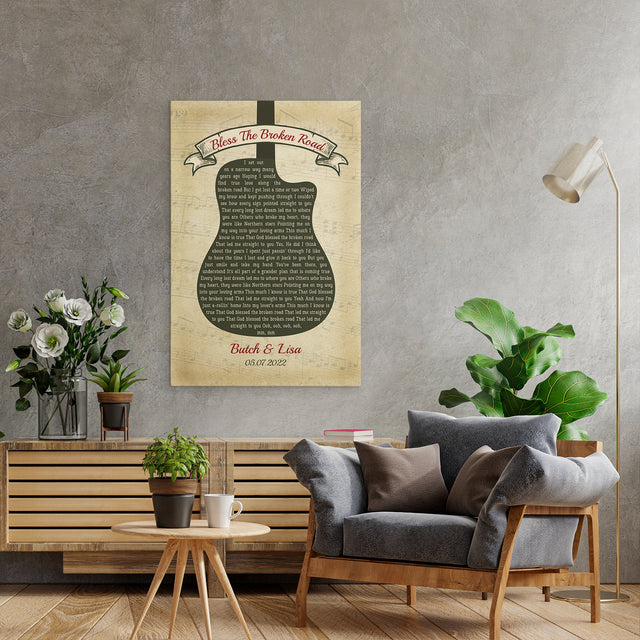 Custom Song Lyrics, Customizable Name And Date, Guitar Shape, Canvas Wall Art