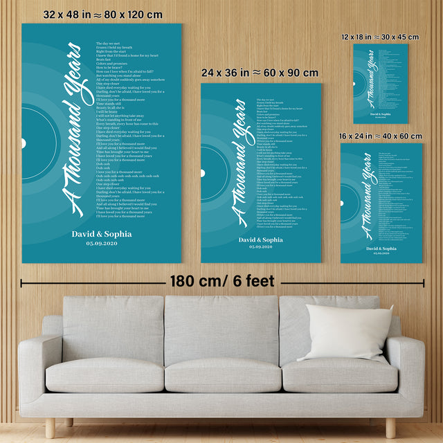 Blue Vinyl Record Canvas Print, Personalized Song Lyrics Canvas Wall Art