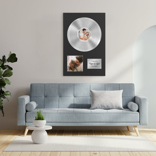 Custom Song Lyrics, Upload Photo, 2 Pictures, Customizable Text Vinyl Record Canvas, Gold Style