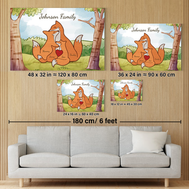 Fox Family Watercolor Canvas, Custom Family Name