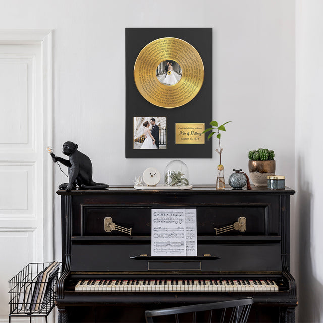 Custom Song Lyrics, Upload Photo, 2 Pictures, Customizable Text Vinyl Record Canvas, Gold Style