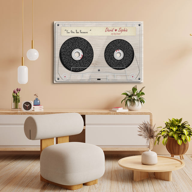 Custom Song Lyrics, Customizable Text Cassette Tape Light Wood Background Canvas