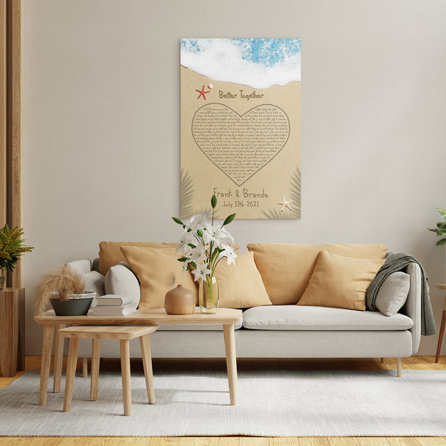 Custom Song Lyrics in The Sand Beach, Heart Shape, Canvas Wall Art, Customizable Name and Date