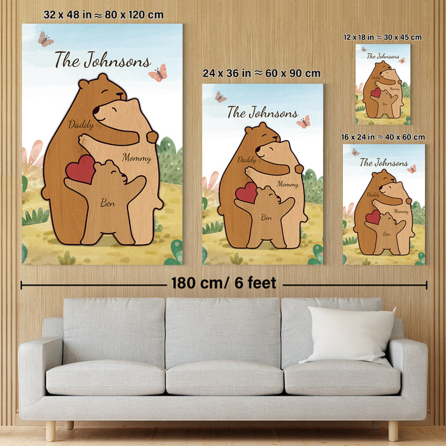 Bear Family Watercolor Canvas, Custom Family Name