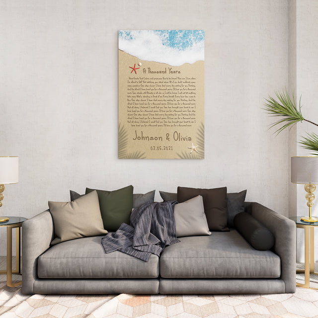 Custom Song Lyrics in The Sand Beach Canvas Wall Art, Custom Name and Date