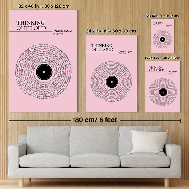 Pink Vinyl Record Canvas Print, Personalized Song Lyrics Canvas Wall Art