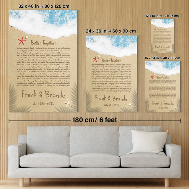 Custom Song Lyrics in The Sand Beach Canvas Wall Art, Custom Name and Date
