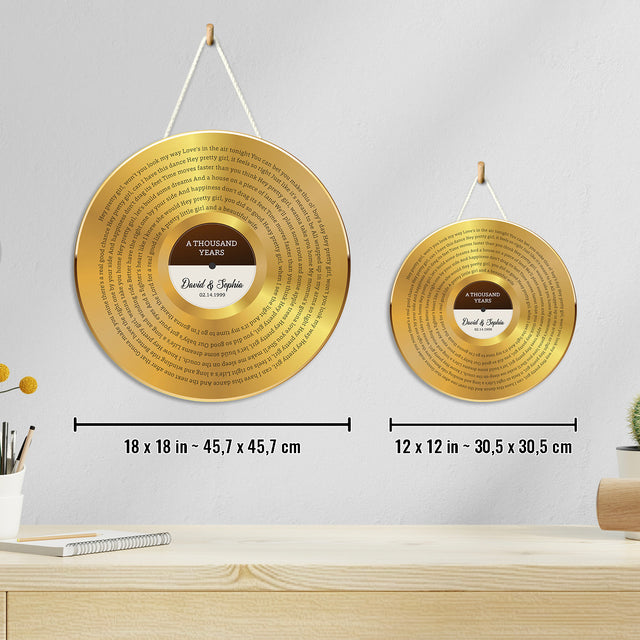 Custom Round Sign, Customizable Song Lyrics And Text, Vinyl Record, Gold Style