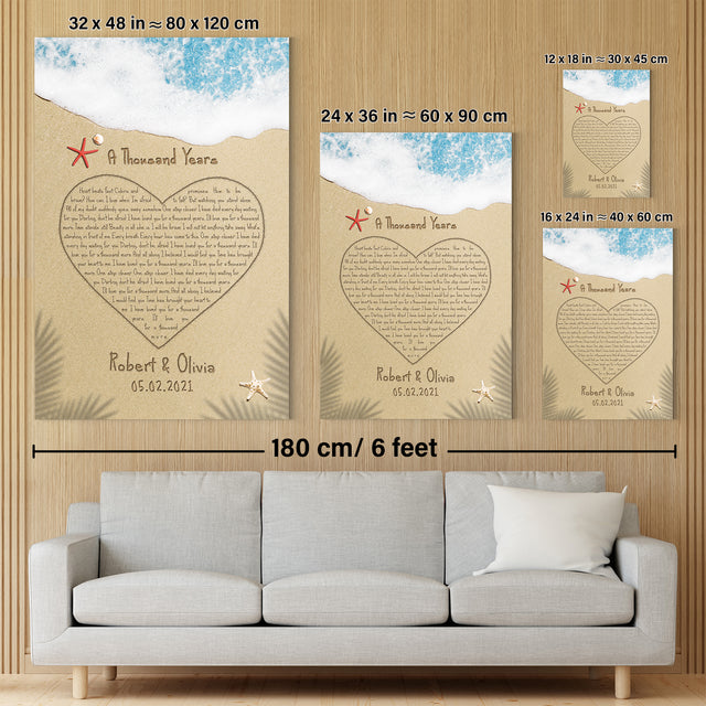 Custom Song Lyrics in The Sand Beach, Heart Shape, Canvas Wall Art, Customizable Name and Date