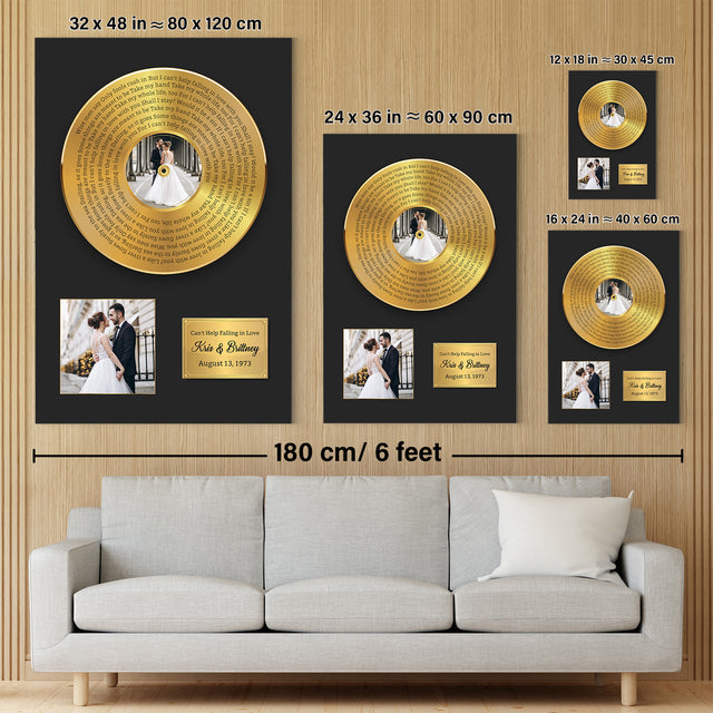 Custom Song Lyrics, Upload Photo, 2 Pictures, Customizable Text Vinyl Record Canvas, Gold Style