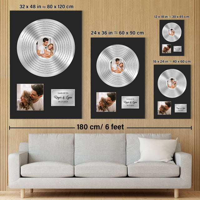 Custom Song Lyrics, Upload Photo, 2 Pictures, Customizable Text Vinyl Record Canvas, Gold Style