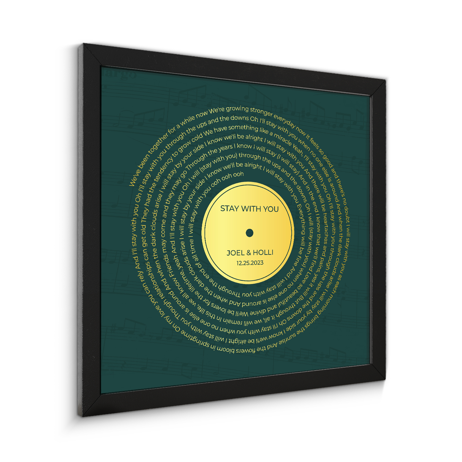 Personalized Gold Song Lyrics Framed Art Print, Retro Green Vinyl Record Wall Art