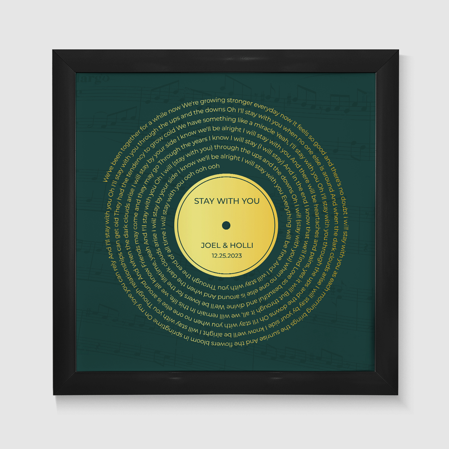 Personalized Gold Song Lyrics Framed Art Print, Retro Green Vinyl Record Wall Art