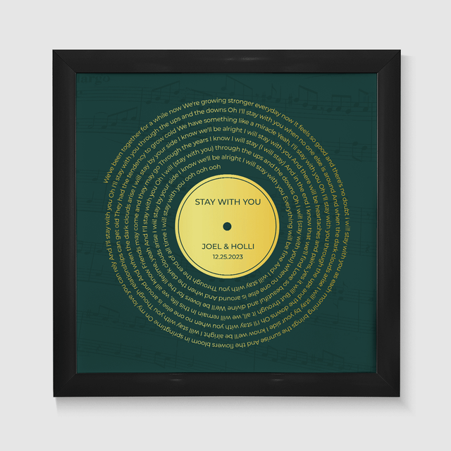 Personalized Gold Song Lyrics Framed Art Print, Retro Green Vinyl Record Wall Art