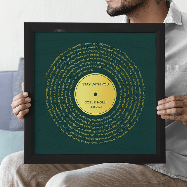Personalized Gold Song Lyrics Framed Art Print, Retro Green Vinyl Record Wall Art