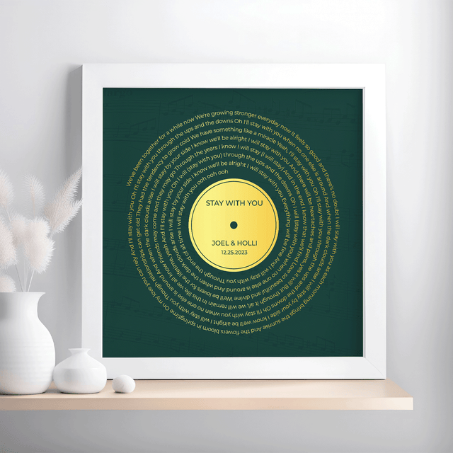 Personalized Gold Song Lyrics Framed Art Print, Retro Green Vinyl Record Wall Art
