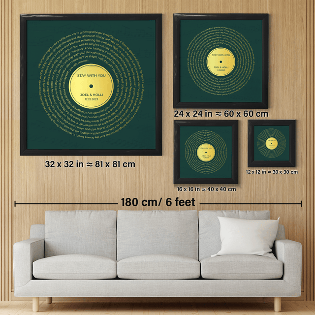 Personalized Gold Song Lyrics Framed Art Print, Retro Green Vinyl Record Wall Art