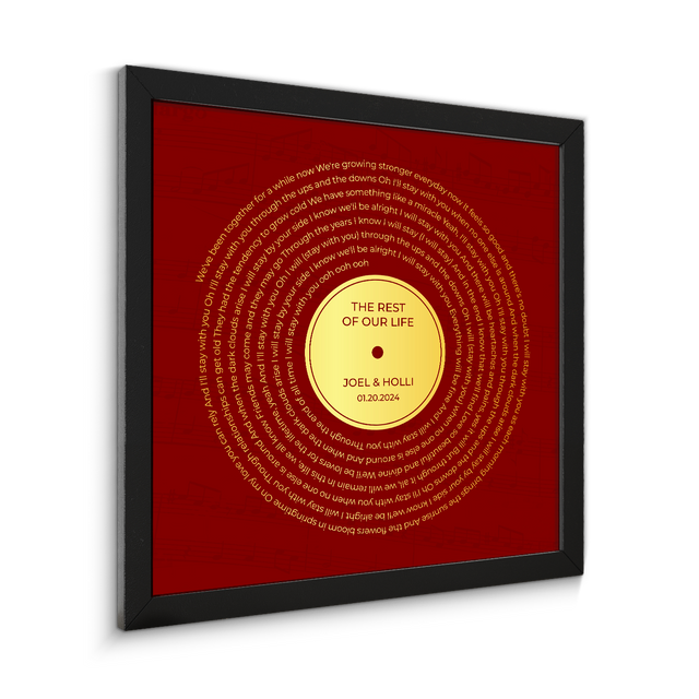 Personalized Gold Song Lyrics Framed Art Print, Retro Maroon Vinyl Record Wall Art