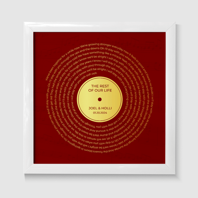 Personalized Gold Song Lyrics Framed Art Print, Retro Maroon Vinyl Record Wall Art