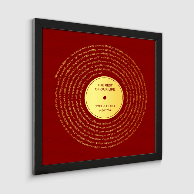 Personalized Gold Song Lyrics Framed Art Print, Retro Maroon Vinyl Record Wall Art