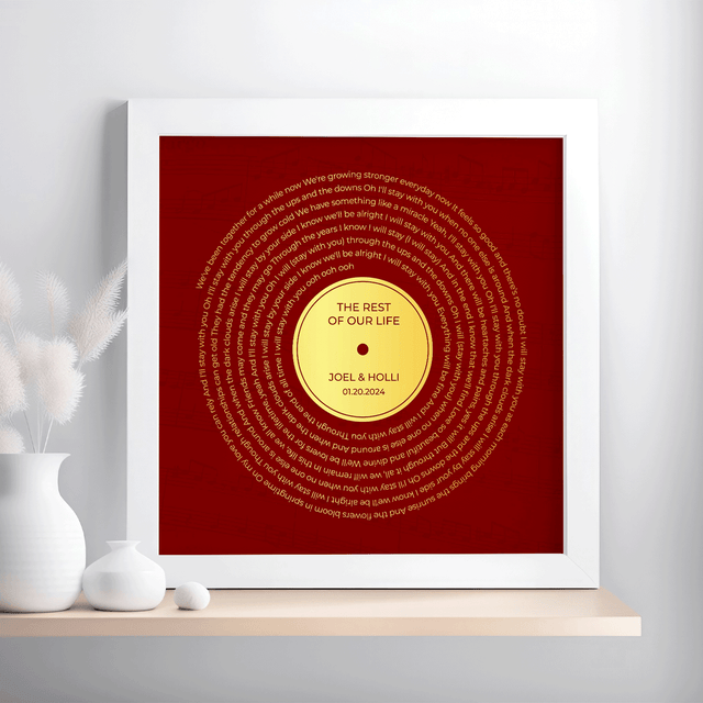 Personalized Gold Song Lyrics Framed Art Print, Retro Maroon Vinyl Record Wall Art