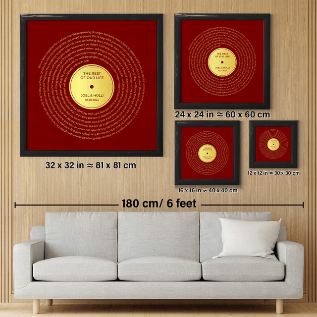 Personalized Gold Song Lyrics Framed Art Print, Retro Maroon Vinyl Record Wall Art
