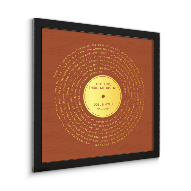 Personalized Gold Song Lyrics Framed Art Print, Orange Vinyl Record