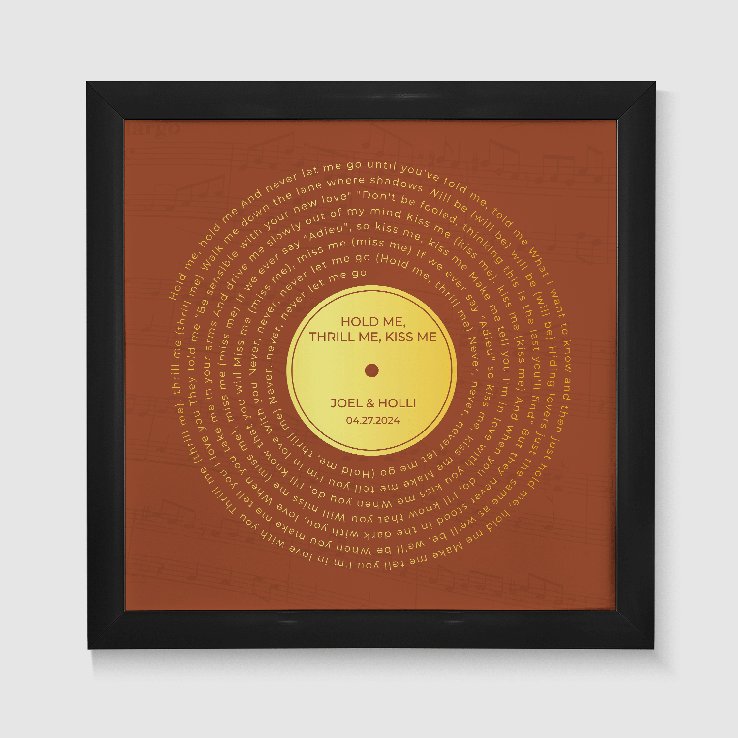 Personalized Gold Song Lyrics Framed Art Print, Orange Vinyl Record