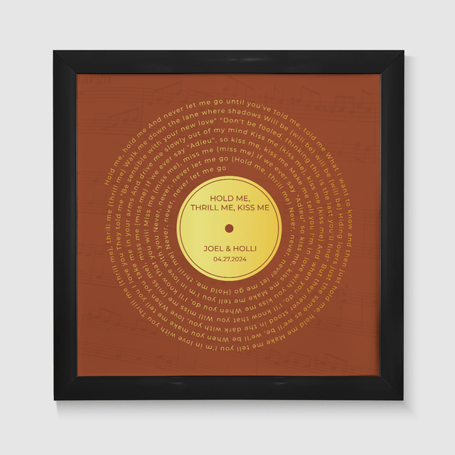 Personalized Gold Song Lyrics Framed Art Print, Orange Vinyl Record