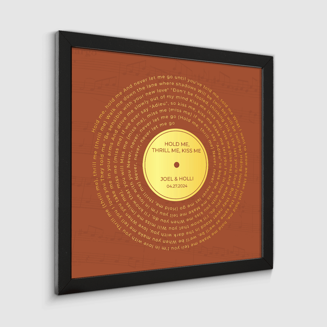 Personalized Gold Song Lyrics Framed Art Print, Orange Vinyl Record